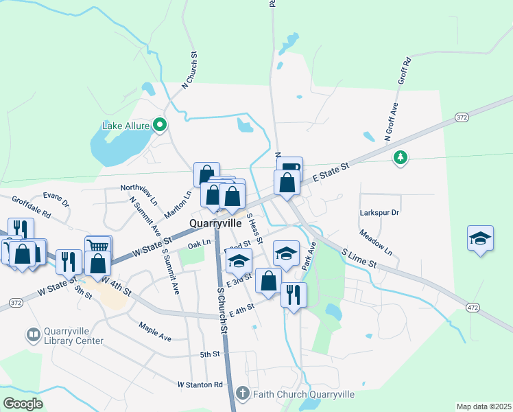 map of restaurants, bars, coffee shops, grocery stores, and more near 108 East State Street in Quarryville