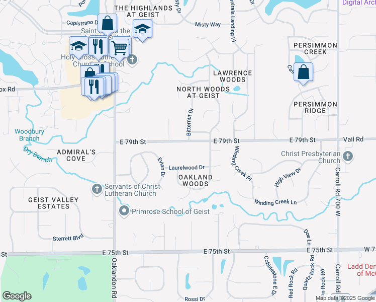 map of restaurants, bars, coffee shops, grocery stores, and more near 12110 East 79th Street in Indianapolis
