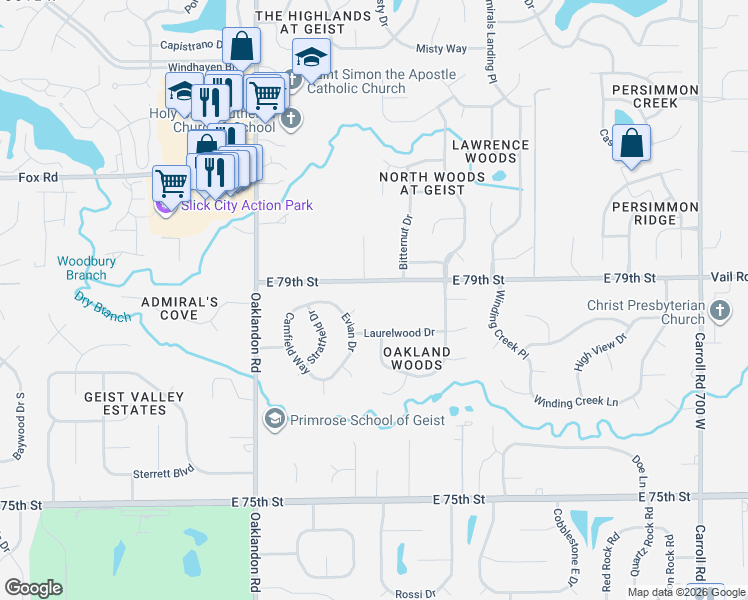map of restaurants, bars, coffee shops, grocery stores, and more near 12121 E 79th St in Indianapolis