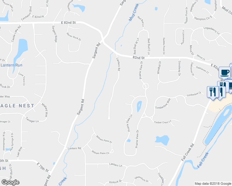 map of restaurants, bars, coffee shops, grocery stores, and more near 7919 Lantern Road in Indianapolis