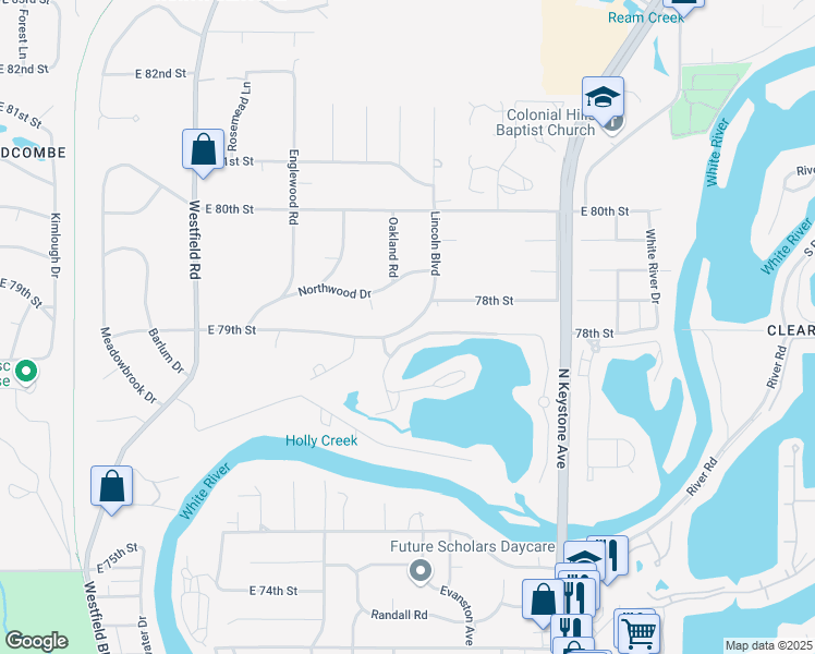map of restaurants, bars, coffee shops, grocery stores, and more near East 79th Street in Indianapolis
