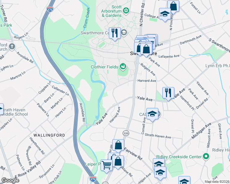map of restaurants, bars, coffee shops, grocery stores, and more near 735 Harvard Avenue in Swarthmore