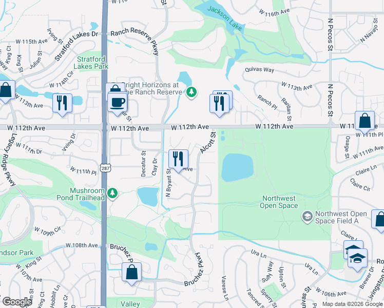 map of restaurants, bars, coffee shops, grocery stores, and more near 11109 Alcott Street in Westminster