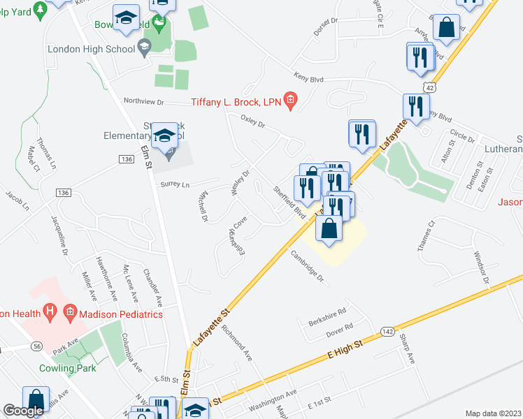 map of restaurants, bars, coffee shops, grocery stores, and more near 339 Muirwood Drive in London