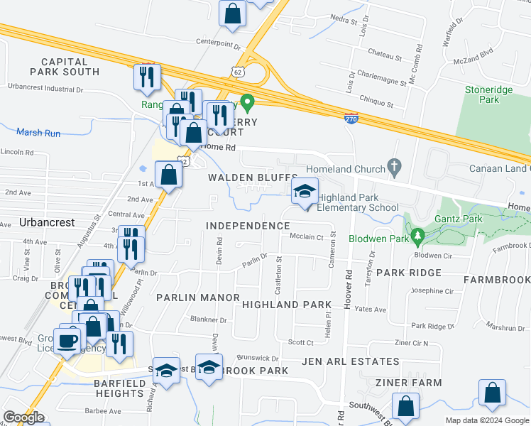 map of restaurants, bars, coffee shops, grocery stores, and more near 3212 Independence Street in Grove City
