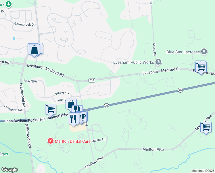 map of restaurants, bars, coffee shops, grocery stores, and more near 1006 Delancey Way in Evesham