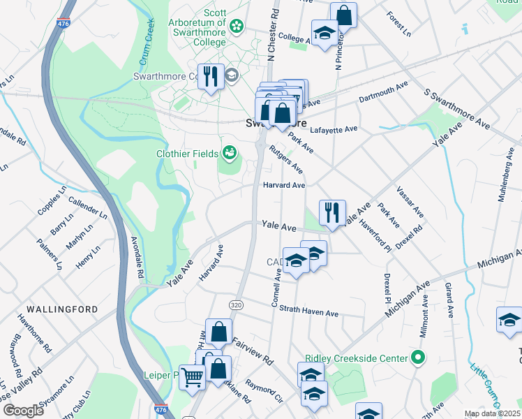 map of restaurants, bars, coffee shops, grocery stores, and more near 219 South Chester Road in Swarthmore