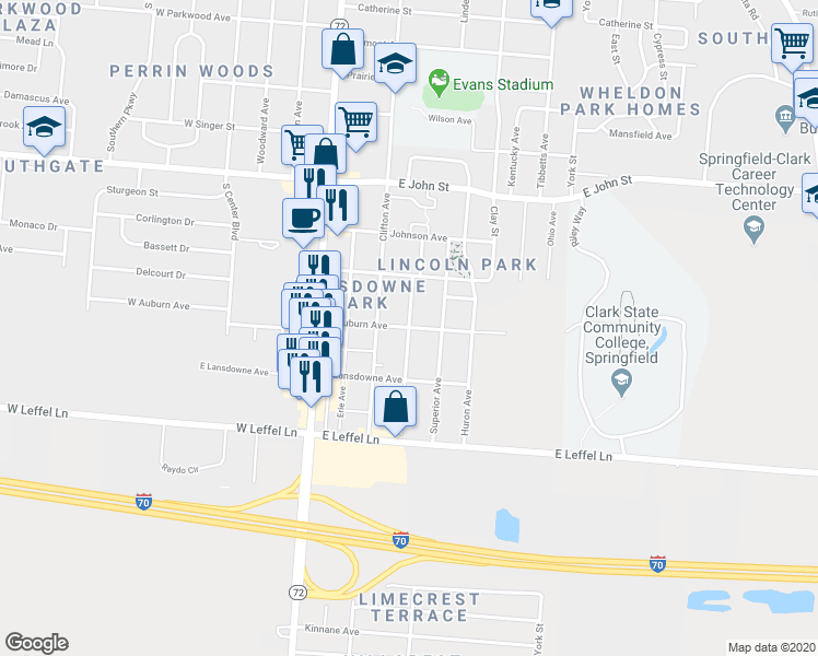 map of restaurants, bars, coffee shops, grocery stores, and more near 2101 Ontario Avenue in Springfield