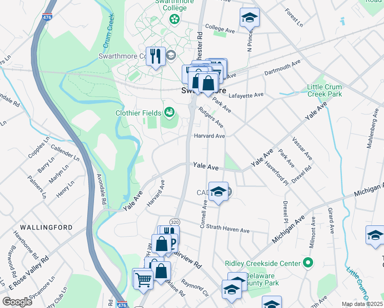 map of restaurants, bars, coffee shops, grocery stores, and more near 219 South Chester Road in Swarthmore