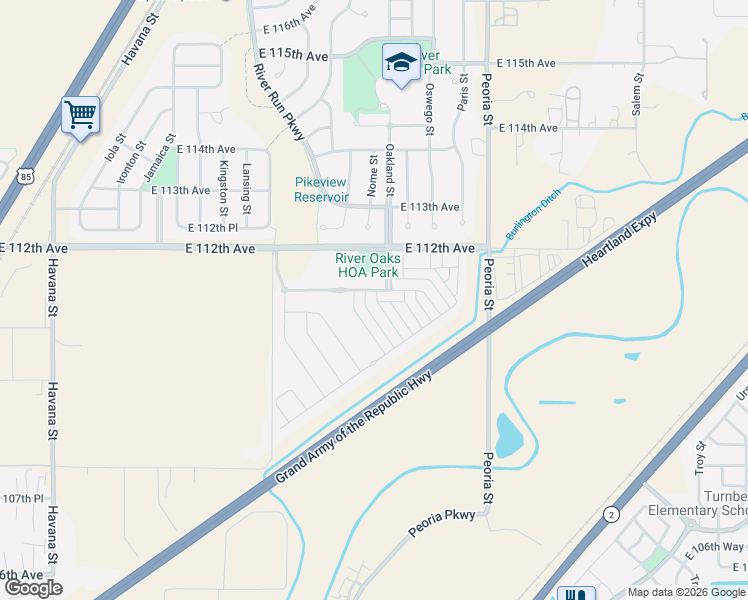 map of restaurants, bars, coffee shops, grocery stores, and more near 11701 East 111th Avenue in Henderson