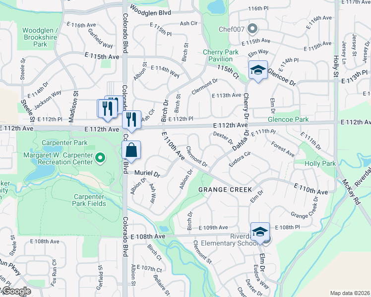 map of restaurants, bars, coffee shops, grocery stores, and more near 11110 Clermont Way in Thornton