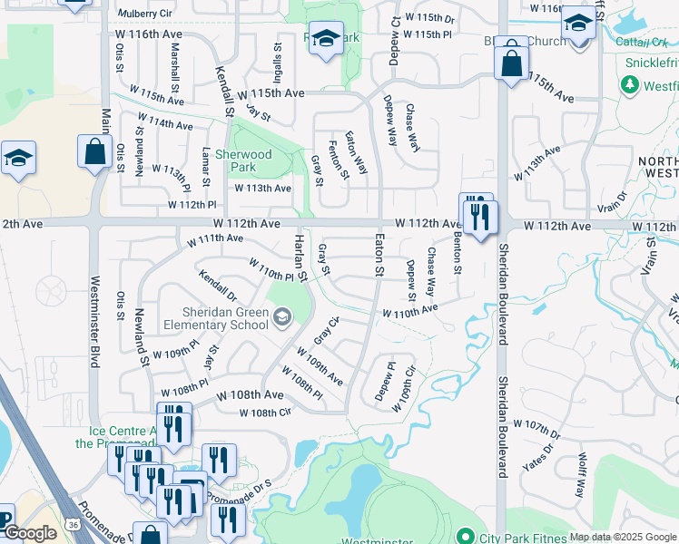 map of restaurants, bars, coffee shops, grocery stores, and more near 5750 West 111th Avenue in Broomfield
