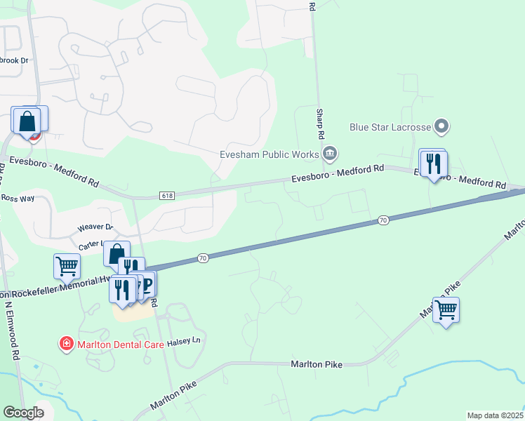 map of restaurants, bars, coffee shops, grocery stores, and more near 471 Evesboro Medford Road in Evesham Township
