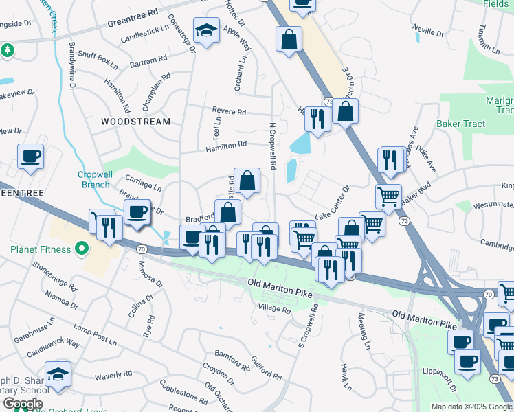 map of restaurants, bars, coffee shops, grocery stores, and more near 125 North Cropwell Road in Evesham