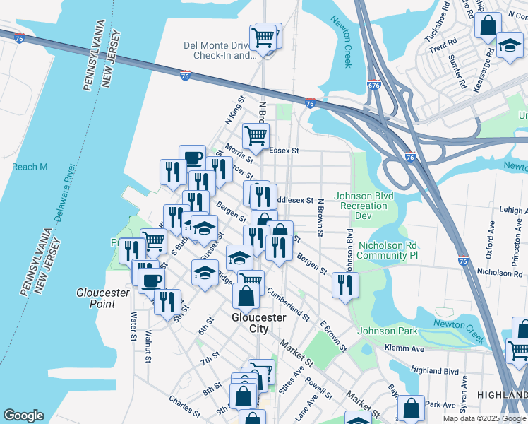 map of restaurants, bars, coffee shops, grocery stores, and more near 116 Broadway in Gloucester City
