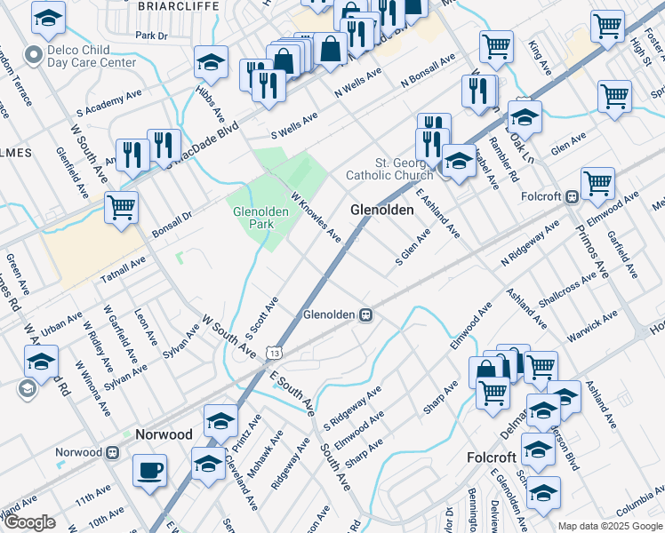 map of restaurants, bars, coffee shops, grocery stores, and more near in Glenolden