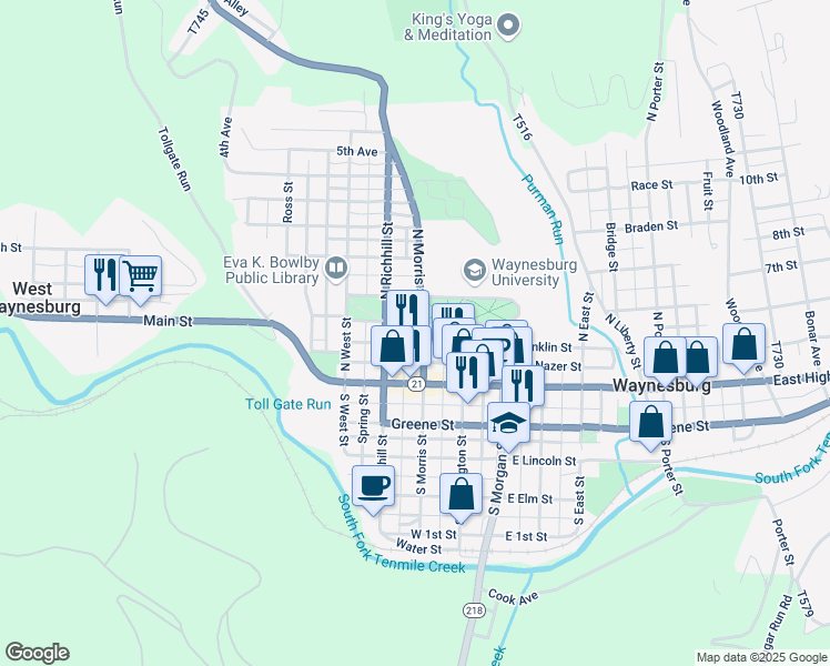 map of restaurants, bars, coffee shops, grocery stores, and more near 128 West Wayne Street in Waynesburg