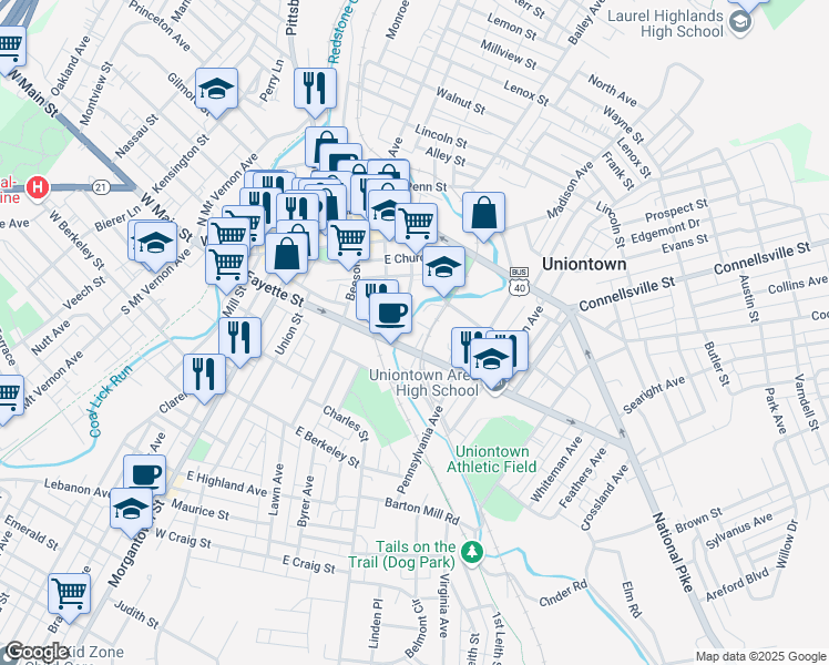 map of restaurants, bars, coffee shops, grocery stores, and more near 40 Iowa Street in Uniontown