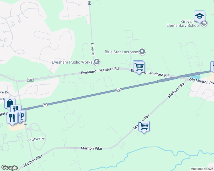 map of restaurants, bars, coffee shops, grocery stores, and more near 890 New Jersey 70 in Evesham