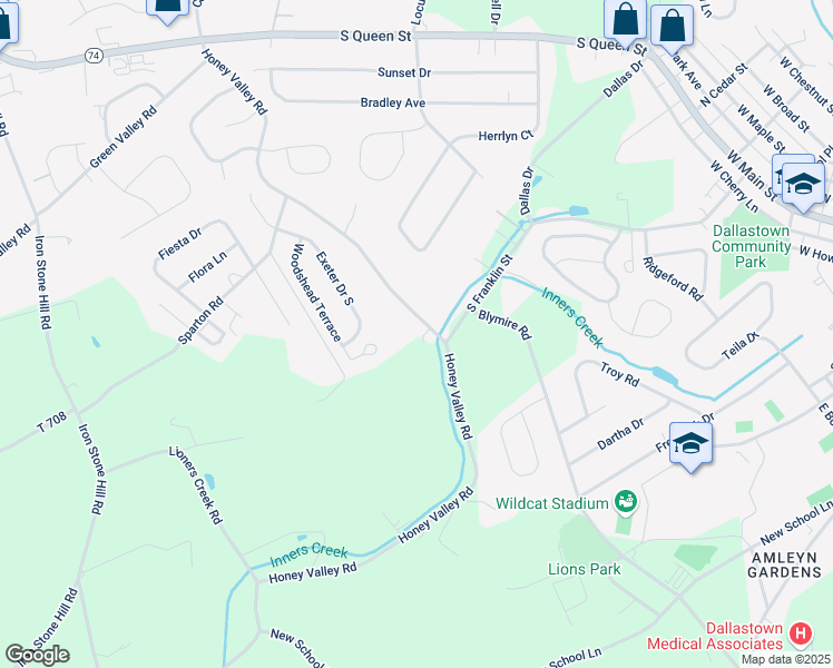 map of restaurants, bars, coffee shops, grocery stores, and more near 2984 Honey Valley Road in Dallastown