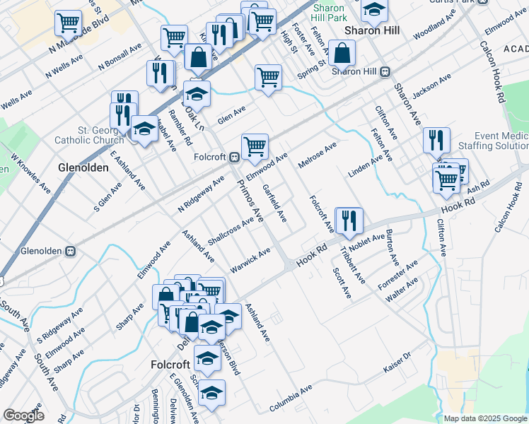 map of restaurants, bars, coffee shops, grocery stores, and more near 429 Garfield Avenue in Folcroft