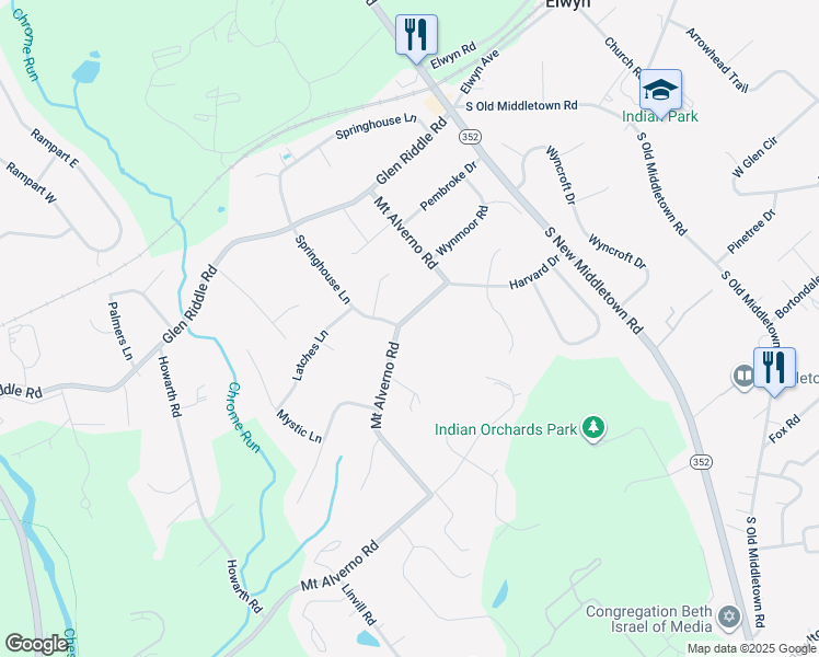 map of restaurants, bars, coffee shops, grocery stores, and more near 323 Mount Alverno Road in Media