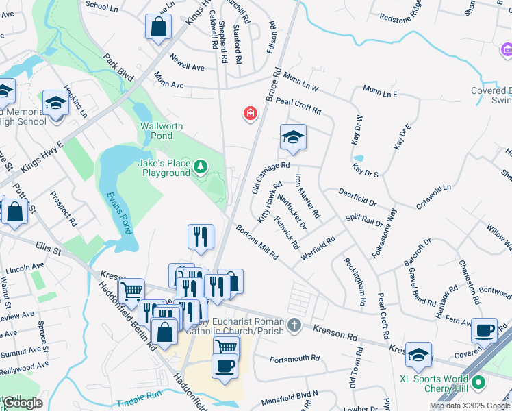 map of restaurants, bars, coffee shops, grocery stores, and more near 109 Old Carriage Road in Cherry Hill Township