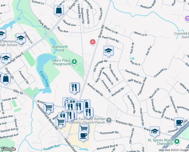 map of restaurants, bars, coffee shops, grocery stores, and more near 109 Old Carriage Road in Cherry Hill Township