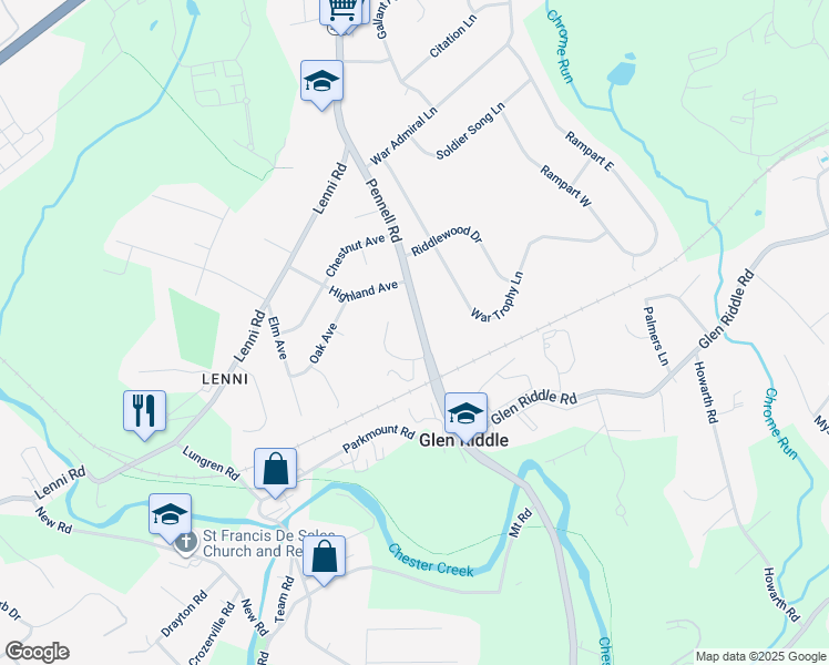 map of restaurants, bars, coffee shops, grocery stores, and more near 230 South Pennell Road in Media