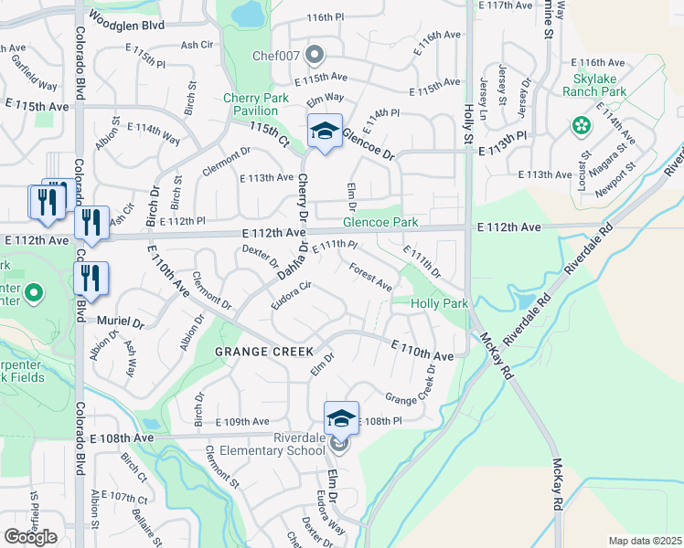 map of restaurants, bars, coffee shops, grocery stores, and more near 11133 Eudora Place in Thornton