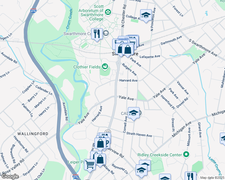 map of restaurants, bars, coffee shops, grocery stores, and more near 216 South Chester Road in Swarthmore