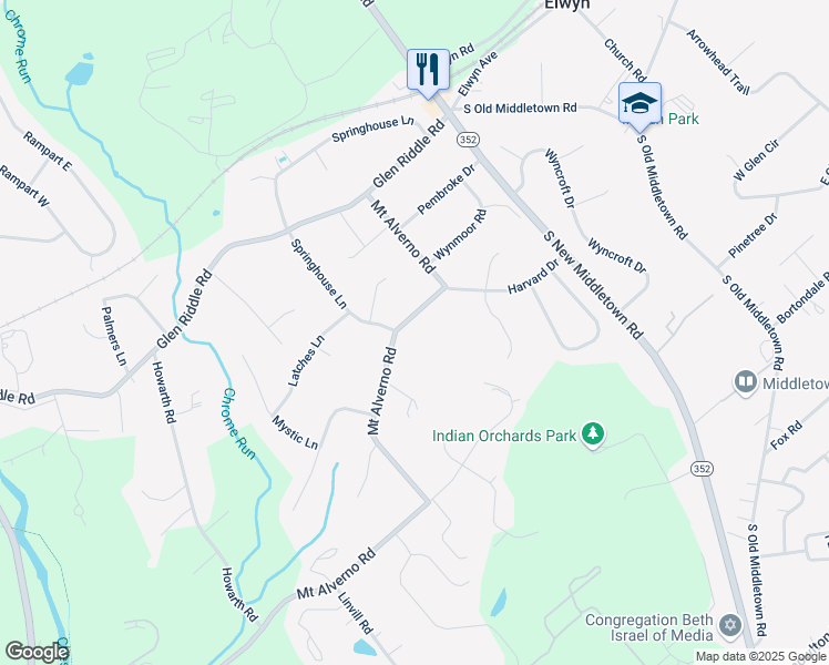 map of restaurants, bars, coffee shops, grocery stores, and more near 323 Mount Alverno Road in Media