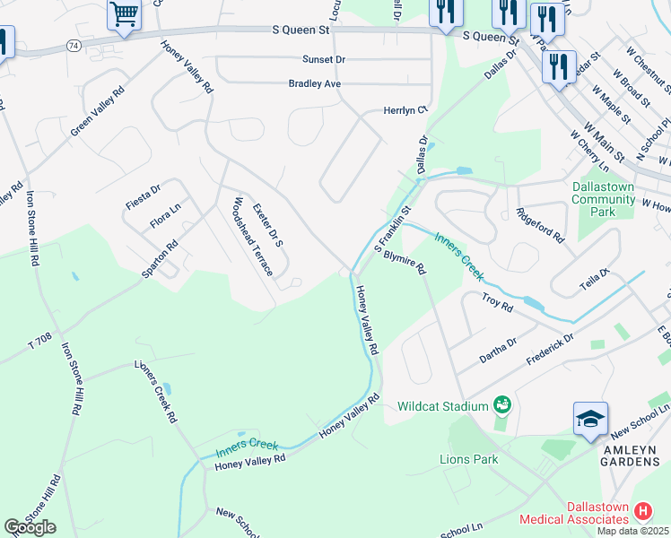 map of restaurants, bars, coffee shops, grocery stores, and more near 2984 Honey Valley Road in Dallastown