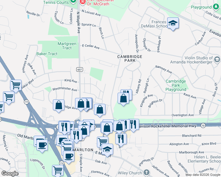 map of restaurants, bars, coffee shops, grocery stores, and more near 81 North Locust Avenue in Evesham