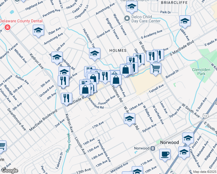 map of restaurants, bars, coffee shops, grocery stores, and more near 2229 MacDade Boulevard in Holmes