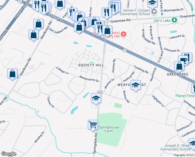 map of restaurants, bars, coffee shops, grocery stores, and more near 1020 Society Hill Boulevard in Cherry Hill
