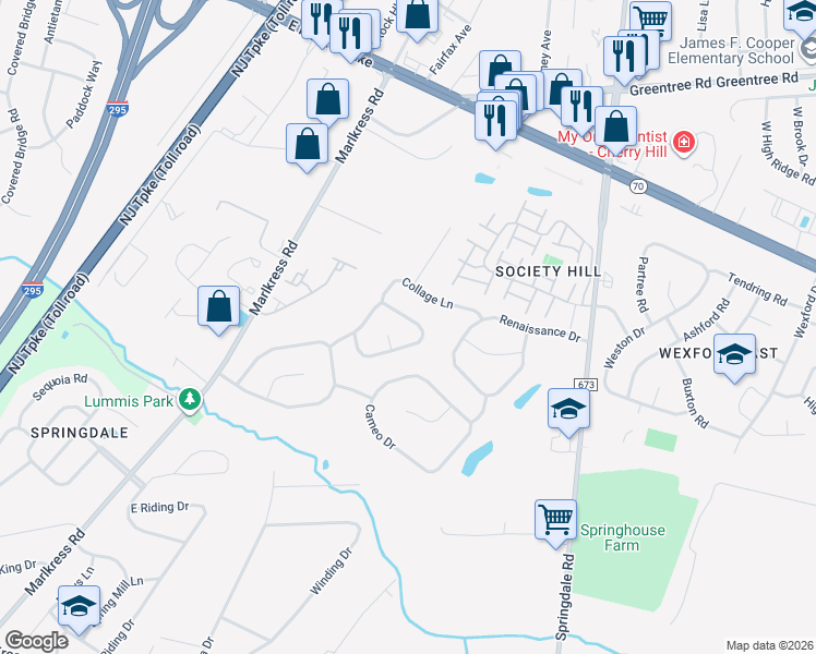 map of restaurants, bars, coffee shops, grocery stores, and more near 25 Saint Moritz Lane in Cherry Hill
