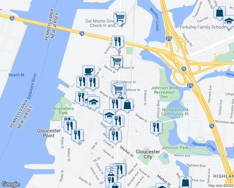 map of restaurants, bars, coffee shops, grocery stores, and more near 116 Broadway in Gloucester City