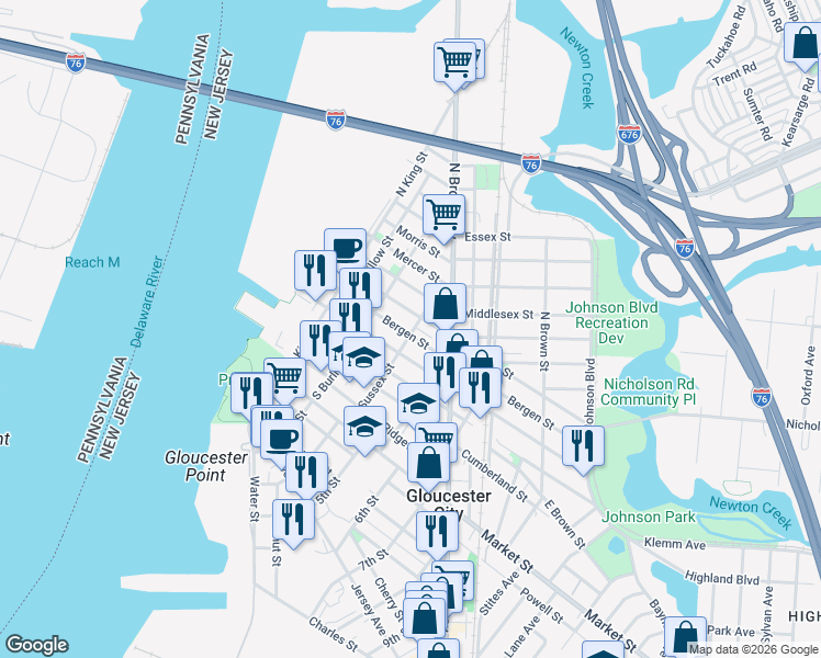 map of restaurants, bars, coffee shops, grocery stores, and more near 341 Hudson Street in Gloucester City