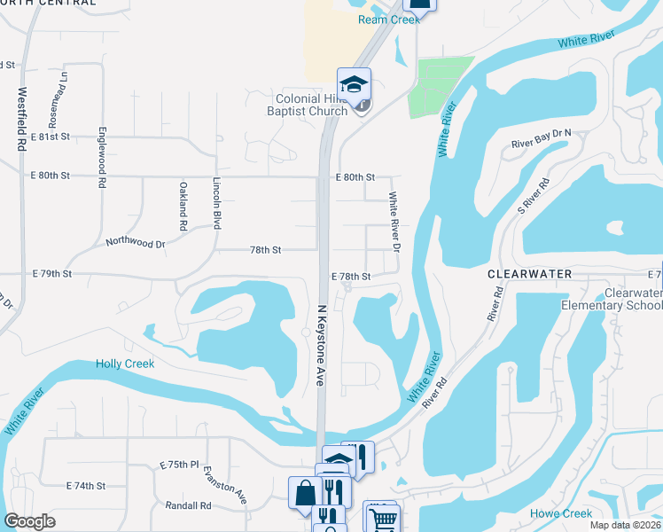map of restaurants, bars, coffee shops, grocery stores, and more near 2425 Beach Avenue in Indianapolis