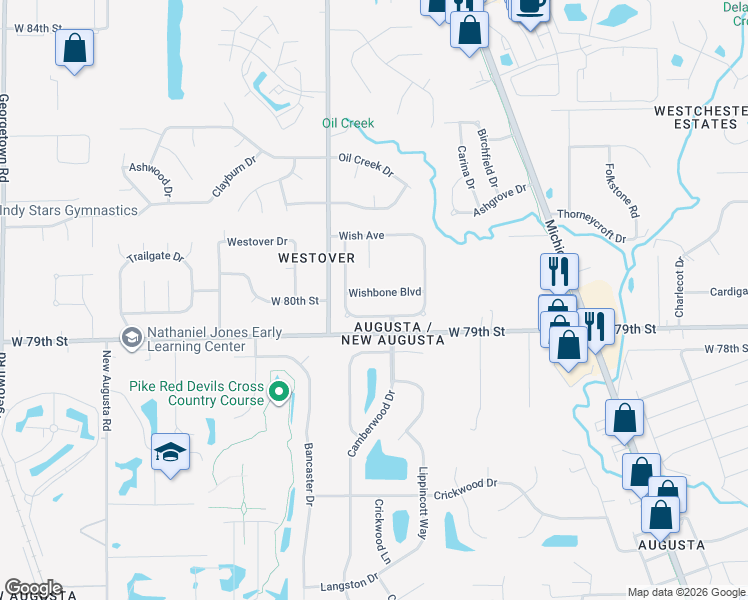 map of restaurants, bars, coffee shops, grocery stores, and more near 3724 Wishbone Boulevard in Indianapolis