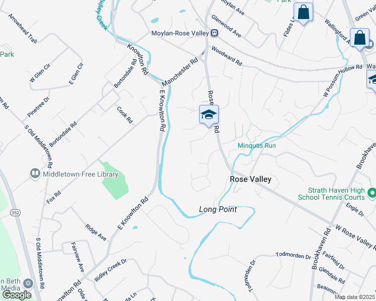 map of restaurants, bars, coffee shops, grocery stores, and more near 20 School Lane in Rose Valley