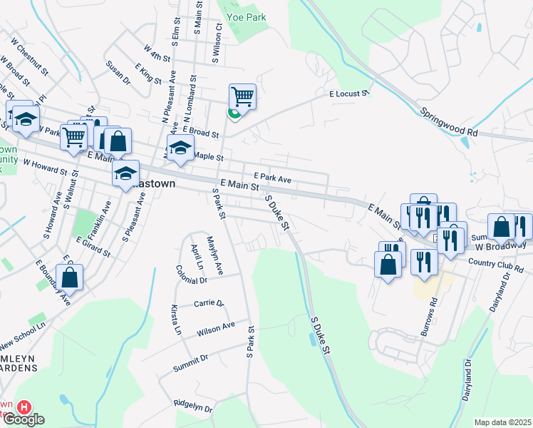 map of restaurants, bars, coffee shops, grocery stores, and more near 74 East Frederick Street in Dallastown