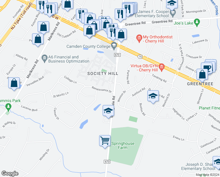 map of restaurants, bars, coffee shops, grocery stores, and more near 1020 Society Hill Boulevard in Cherry Hill