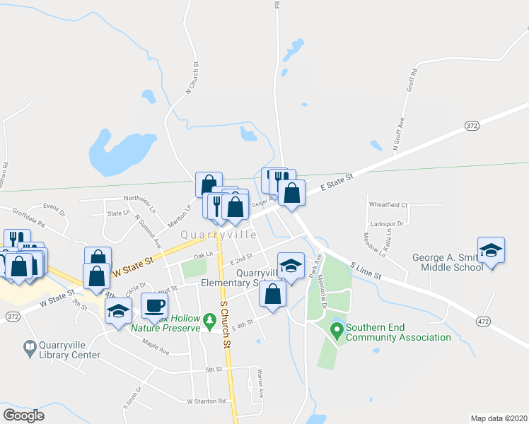 map of restaurants, bars, coffee shops, grocery stores, and more near 134 East State Street in Quarryville