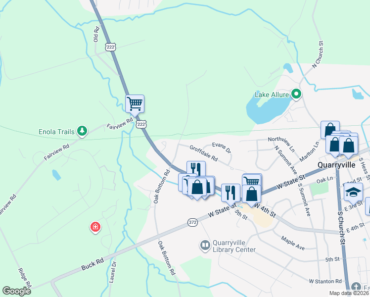 map of restaurants, bars, coffee shops, grocery stores, and more near 303 Groffdale Road in Quarryville