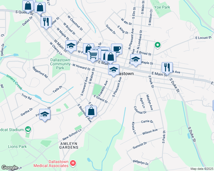 map of restaurants, bars, coffee shops, grocery stores, and more near 142 South Charles Street in Dallastown