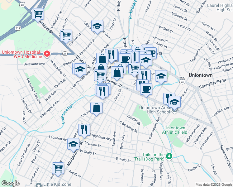 map of restaurants, bars, coffee shops, grocery stores, and more near 18 Union Street in Uniontown