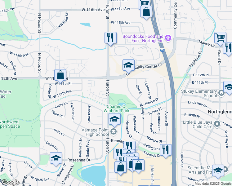 map of restaurants, bars, coffee shops, grocery stores, and more near 11152 Huron Street in Denver