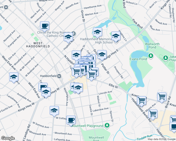 map of restaurants, bars, coffee shops, grocery stores, and more near Kings Hwy E & N Haddon Ave in Haddonfield